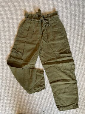 Zara Linen Wide Leg High Rise Dark Olive Green Cargo Cropped Flowy Pants